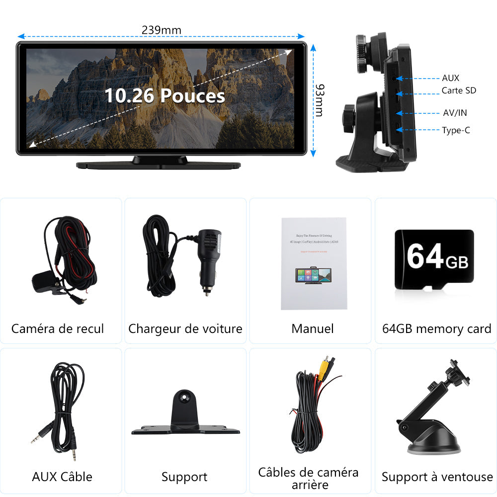 AWESAFE Autoradio avec CarPlay Sans Fil & Android Auto - Écran Tactile 10,26 Pouces - Caméra 4K Avant + 1080P Arrière - Bluetooth/GPS/Mirror Link/Assistant Vocal/AUX/FM AWESAFE