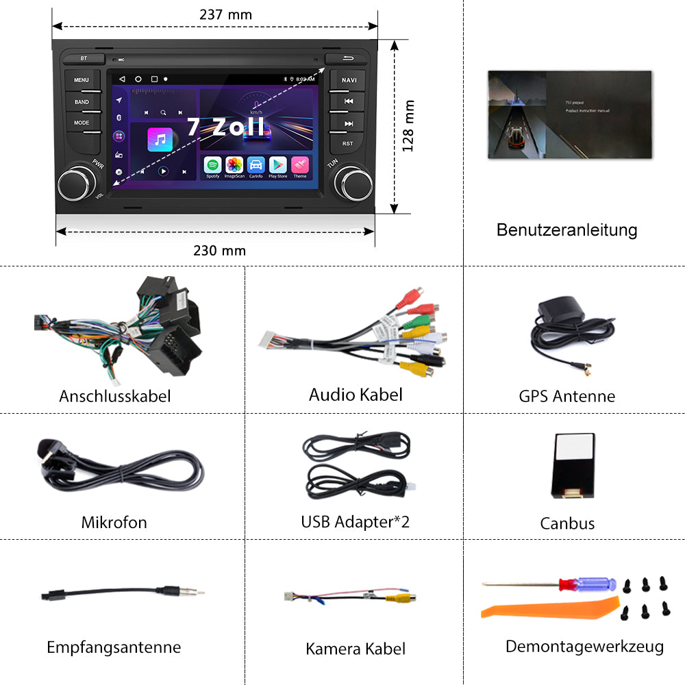 AWESAFE Autoradio für Audi A4 S4 RS4, Android 12 System, 7 Zoll Touchscreen, 2G+32G, Unterstützt Navigation Carplay Android Auto Bluetooth WiFi AWESAFE