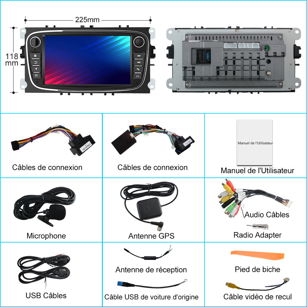 AWESAFE Android Autoradio pour Ford Focus C-Max S-Max Mondeo Kuga Galaxy, Carplay et Android Auto, 7 Pouces Écran Tactile USB/WiFi/FM RDS AWESAFE