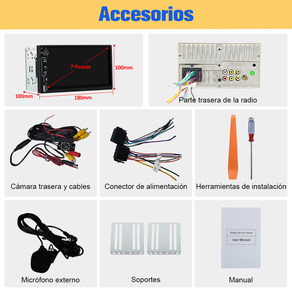 AWESAFE Radio Coche 2 DIN Universal con Pantalla Táctil 7" - CarPlay/Android Auto Inalámbrico, Bluetooth, GPS, FM, USB-C, USB, Luces Teclas Coloridas, Cámara Trasera AWESAFE