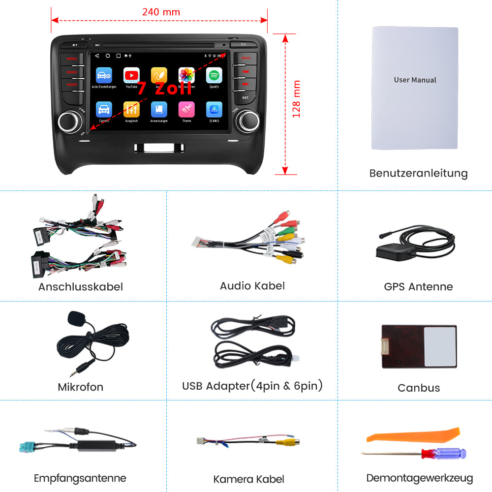 AWESAFE Autoradio für Audi TT 2006-2012, Android 12 System, 7 Zoll Touchscreen, 2G+32G, Unterstützt Navigation Carplay Android Auto Bluetooth WiFi AWESAFE