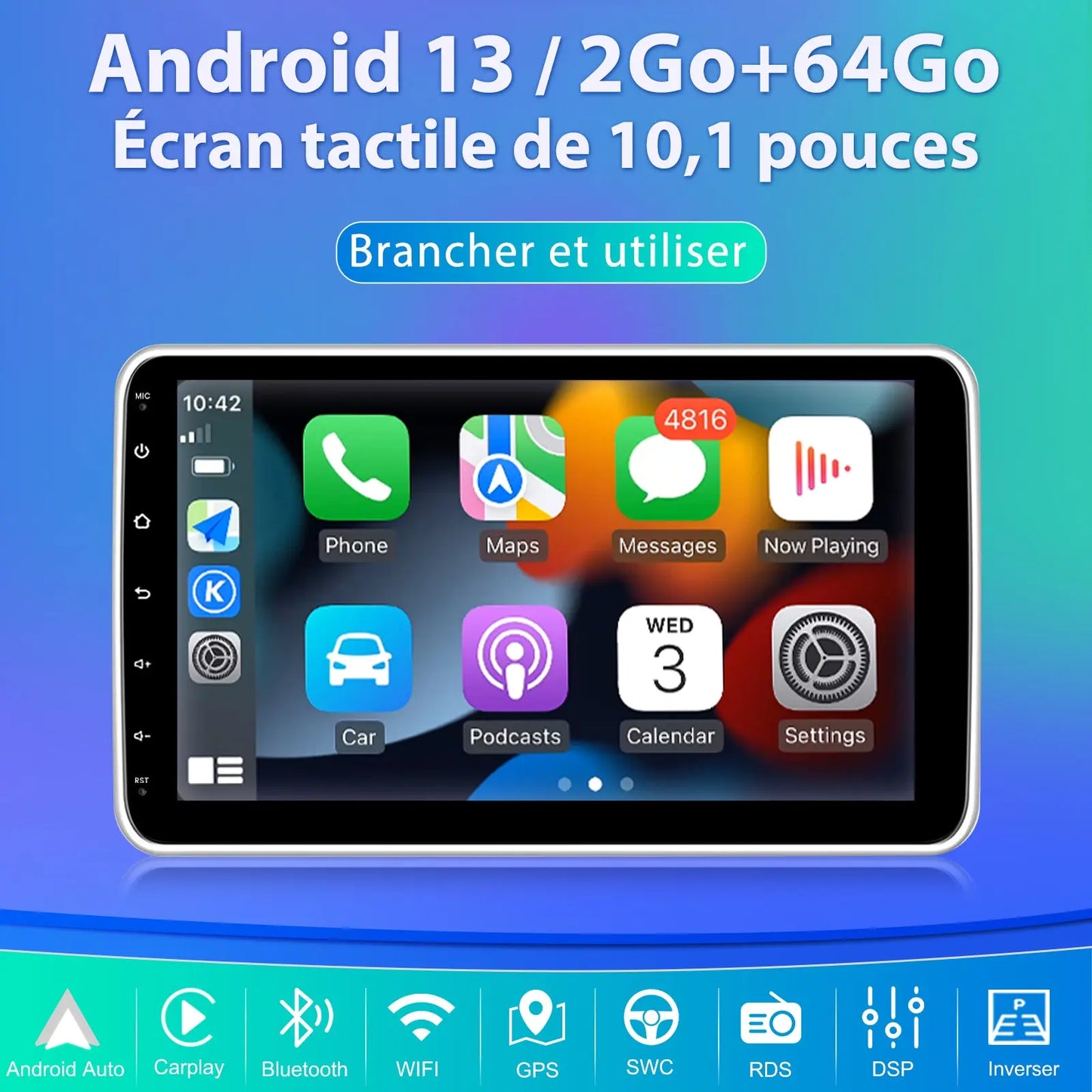 AWESAFE 1 DIN Autoradio Android 13 - Écran Tactile 10,1 Pouces (1 Go+32 Go / 2 Go+64 Go) avec Caméra Recul, Bluetooth, GPS, Android Auto et Carplay sans fil AWESAFE