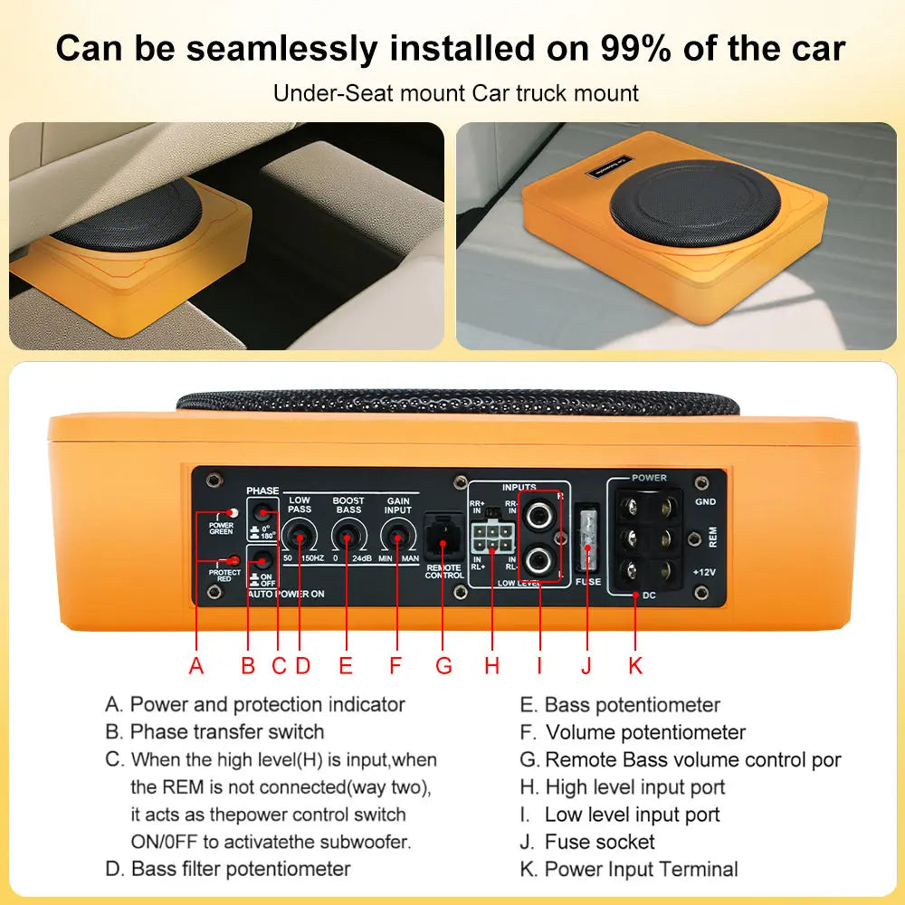 AWESAFE 10 inch 800W Slim Underseat Active Car/Truck Subwoofer, Deep Bass, Built-in Amplifier, Remote Control, Perfect for Car Audio Enthusiasts AWESAFE