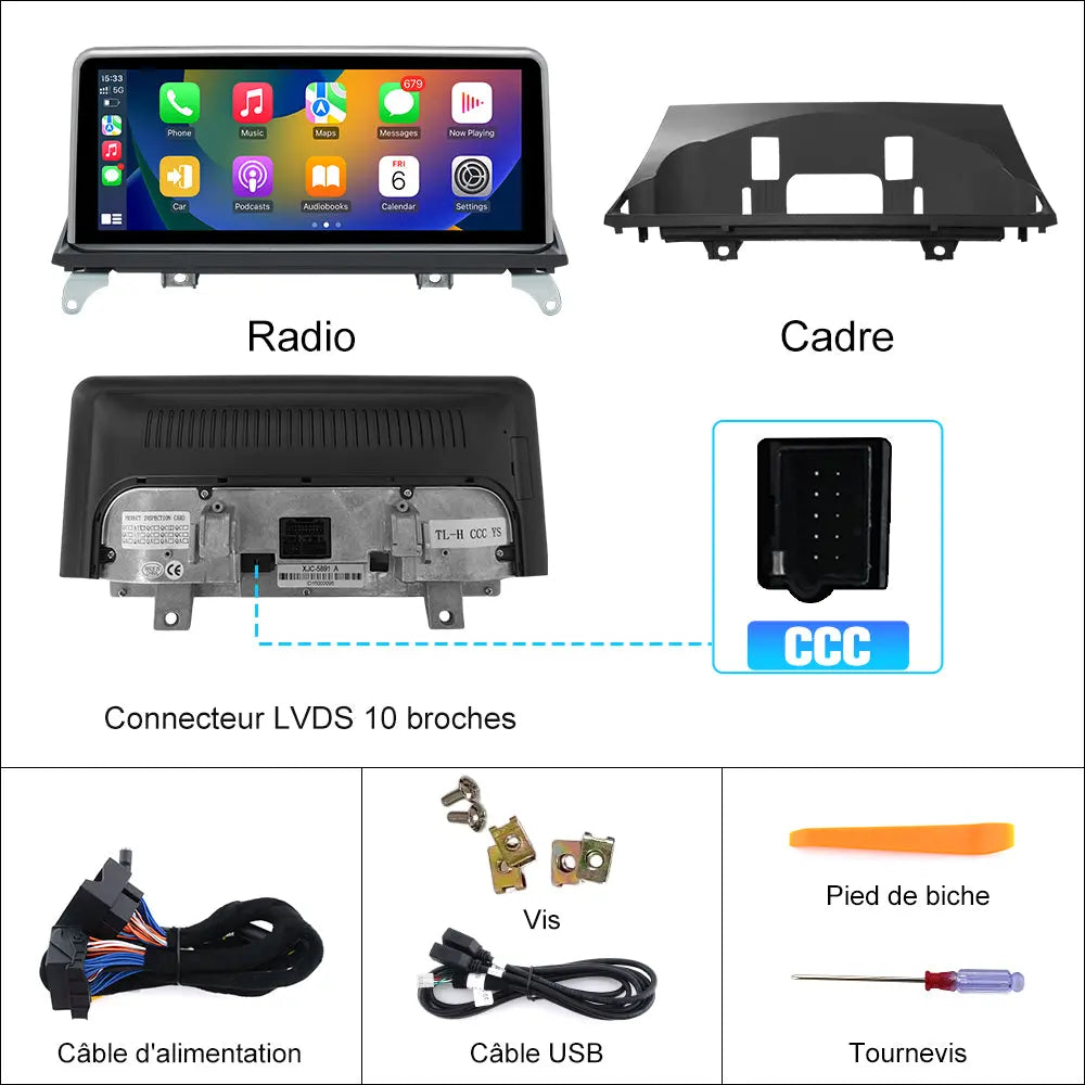 AWESAFE 10.25" Android Autoradio pour BMW X5 E70 & X6 E71 CCC (2007-2010) - Bluetooth, Android Auto & Carplay sans fil + Câble USB AWESAFE