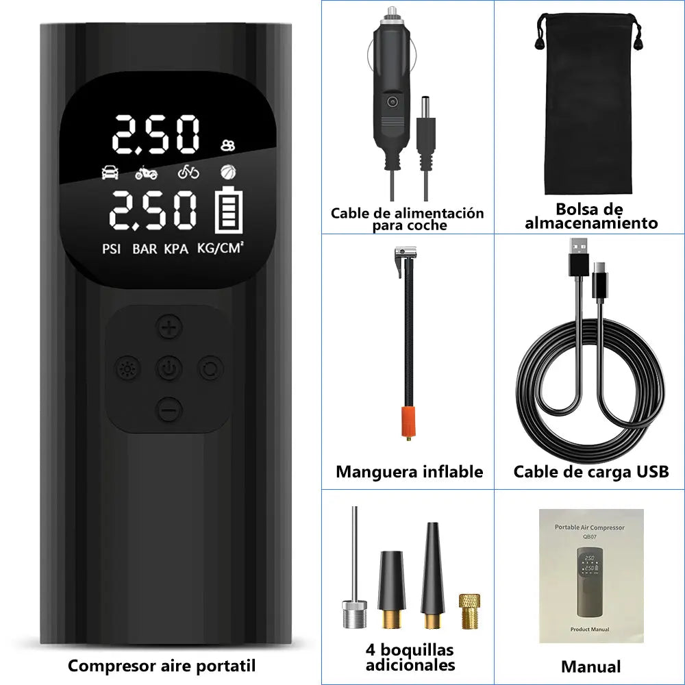 AWESAFE 10000 Mah Inflador de Neumáticos Compresor de Aire Portátil con Pantalla Digital LED para Coches Bicicletas Motos y Balones Anillo de natación AWESAFE