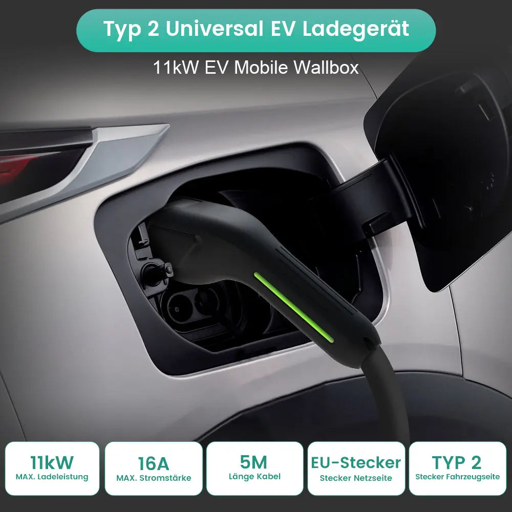 AWESAFE 11kW Typ 2 EV-Ladegerät mit 5m Kabel, 8-16A einstellbar (Strom/Startzeit), dreiphasigem CEE-Stecker rot, Tragetasche + DE-Anleitung – für E-Autos & PHEV AWESAFE
