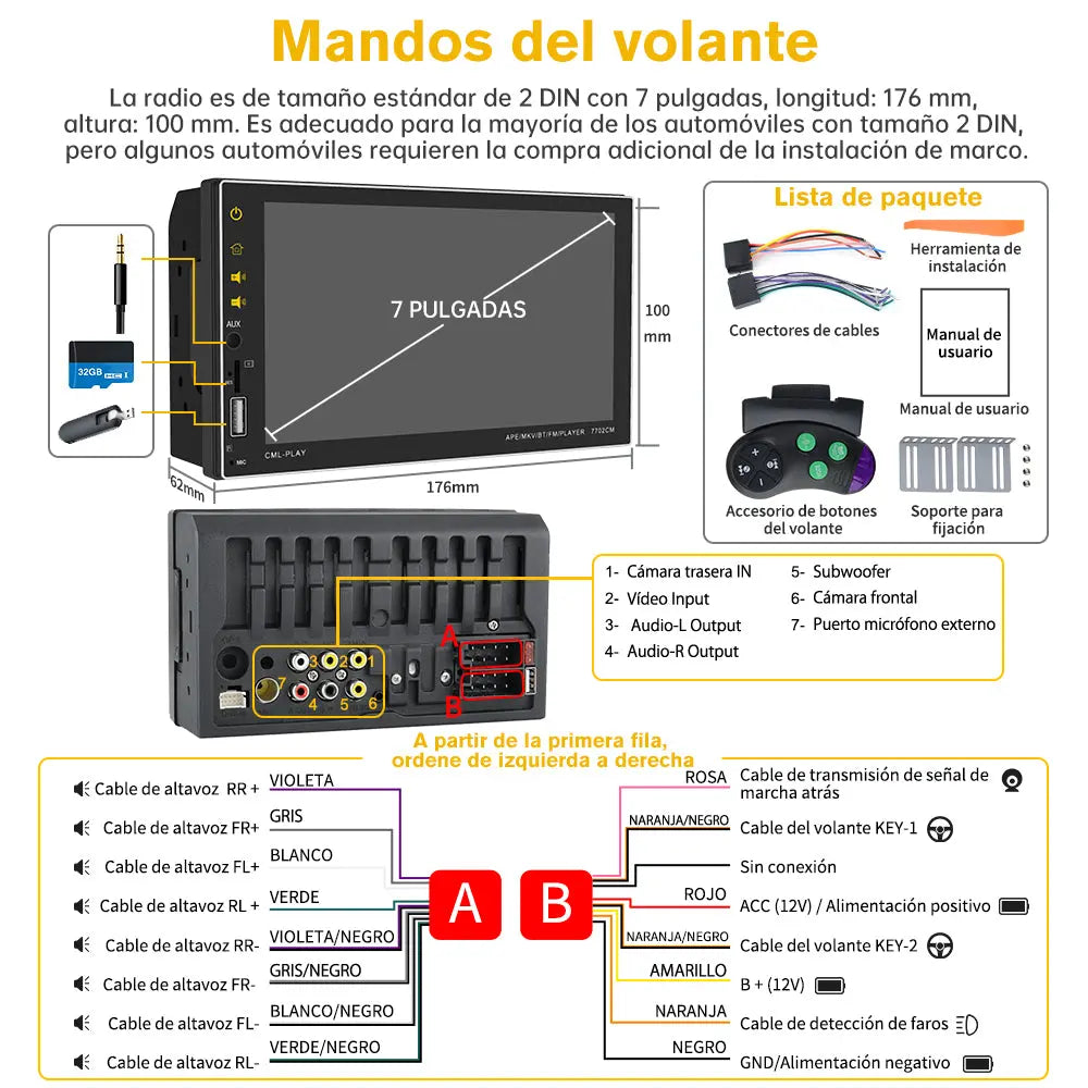 AWESAFE 2 DIN Portátil Radio Coche con Inalámbrico Carplay & Android Auto,7''Autoradio Estéreo IPS Pantalla Táctil con Bluetooth 5.0/Asistencia de Voz/Mirror Link,Admite cámara de marcha atrás con visión trasera AWESAFE