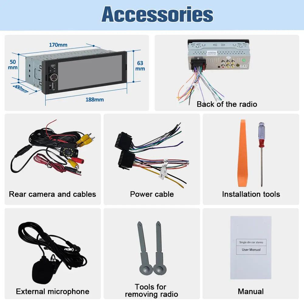 AWESAFE 6.36'' Single DIN Car Radio with Wireless Apple CarPlay & Android Auto HD IPS Touchscreen Radio with Bluetooth, Backup Camera, Support USB Type-C Charging/USB/Mirror Link/Microphone AWESAFE