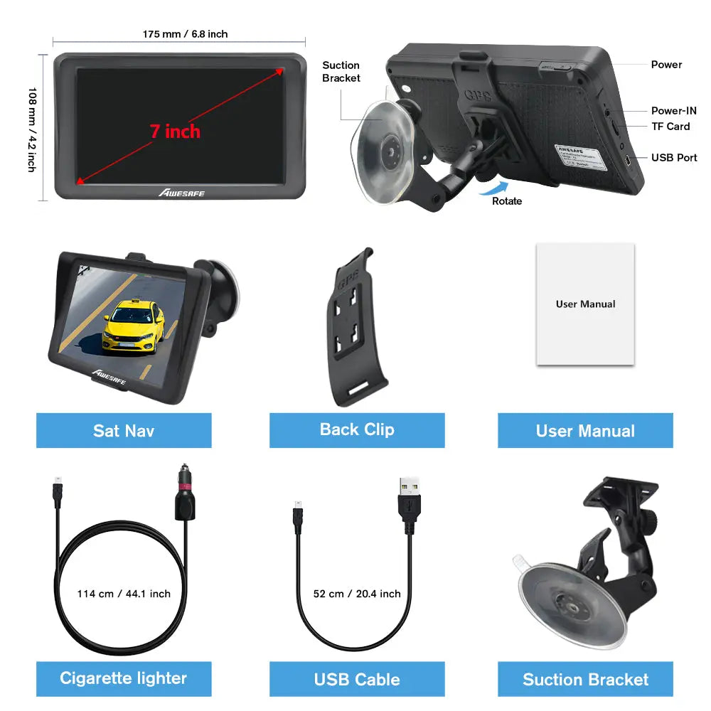 AWESAFE 7 Inch GPS Sat Nav for Cars HGV Motorhome with Postcodes Speed Camera Alerts POI Lane Assist Lifetime Maps AWESAFE