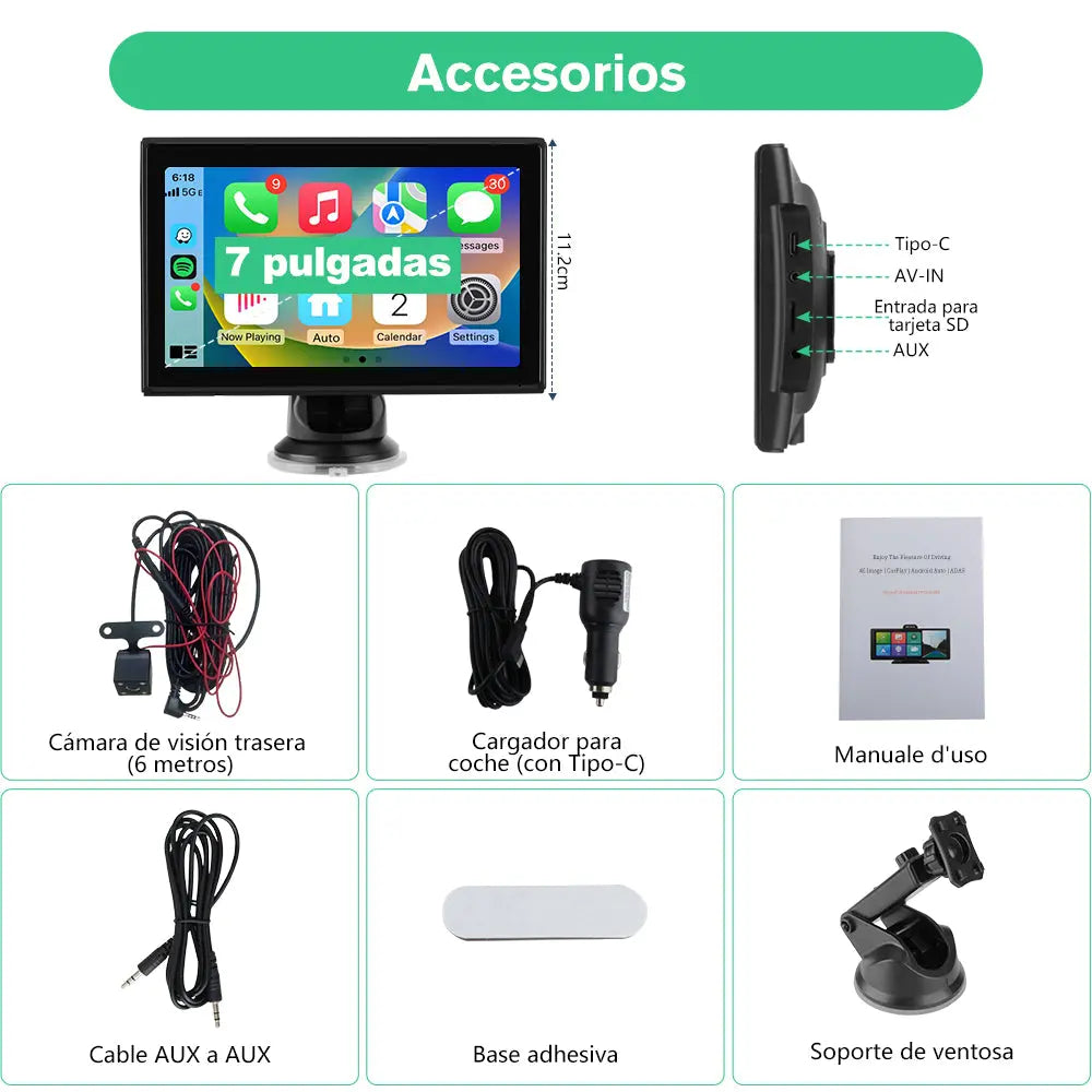 AWESAFE 7” Pantalla de Coche CarPlay/Android Auto Compatible con 7-32V varios modelos de vehiculos,Soporte Navegación en Directo, Control por Voz, Mirror Link,1080P Cámara Trasera AWESAFE