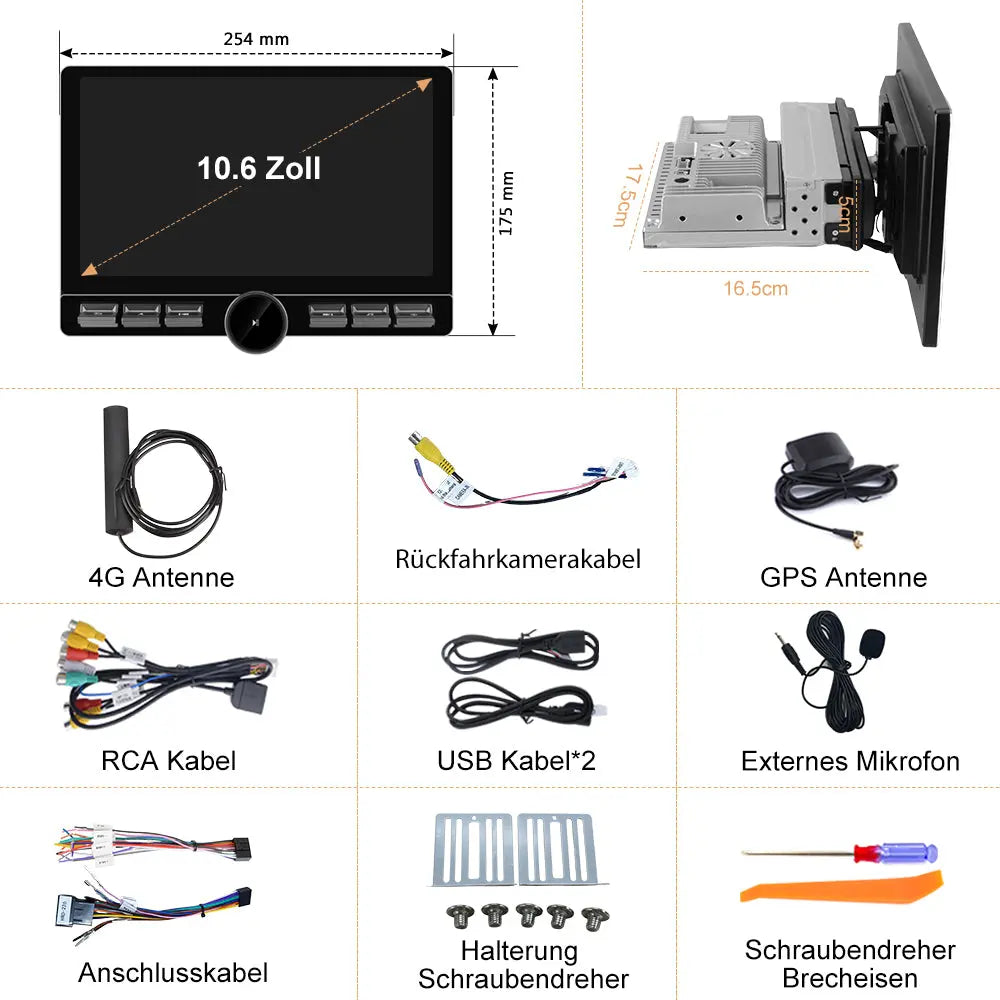 AWESAFE Android 13 1DIN Autoradio 10,6-Zoll Touchscreen 8-Kern 4+64GB mit 4G-SIM-Steckplatz (ohne SIM-Karte), Bluetooth, WLAN, kabellos Apple CarPlay & Android Auto AWESAFE
