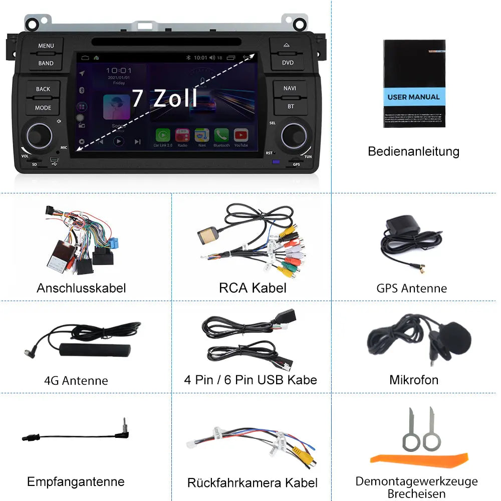 AWESAFE Android 13 Autoradio mit 7-Zoll-Touchscreen, 2GB RAM + 32GB Speicher für BMW E46 1999-2004– Bluetooth, 4G, FM, CarPlay & Android Auto AWESAFE