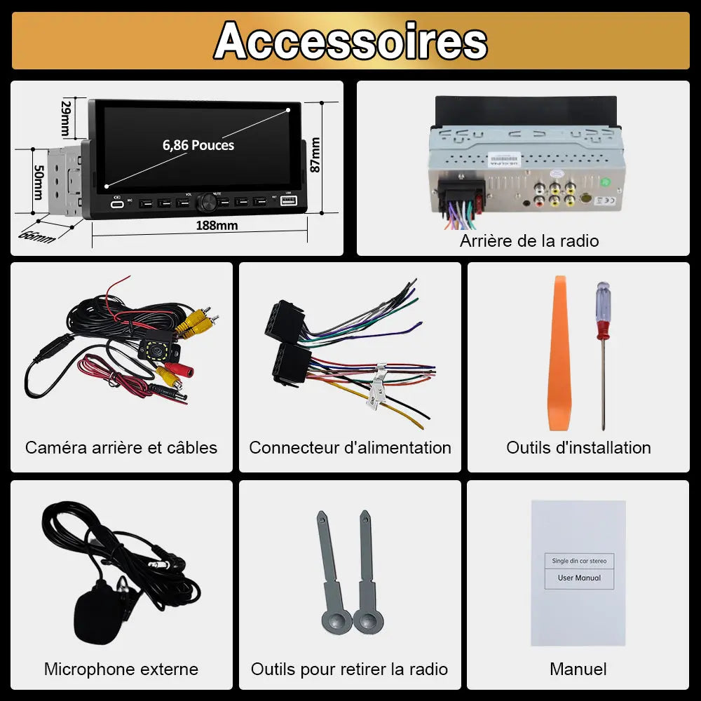 AWESAFE Autoradio 1 DIN avec Écran Tactile HD 6,86" ,CarPlay & Android Auto sans Fil Bluetooth FM Caméra et microphone AWESAFE