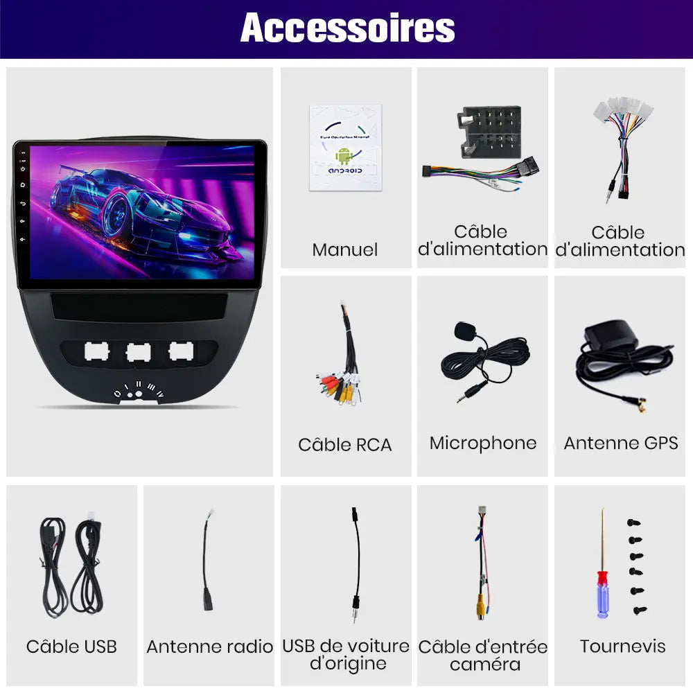 AWESAFE Autoradio 10.1 pouces Android 13 4G 4+64 Go avec BT/DSP - AA & CarPlay sans fil - pour Peugeot 107, Toyota Aygo, Citroën C1 (2005-2014) AWESAFE