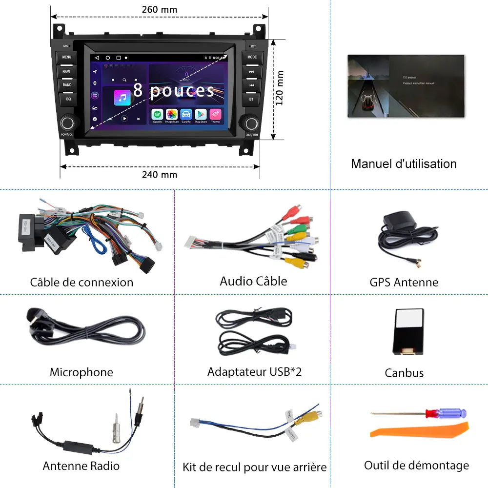 AWESAFE Autoradio 8 pouces Android 13 6+128 Go avec Bluetooth/GPS/Android Auto & CarPlay sans fil - pour Mercedes Benz Classe W203/ CLC-Classe W203/CLK-Classe W209 AWESAFE