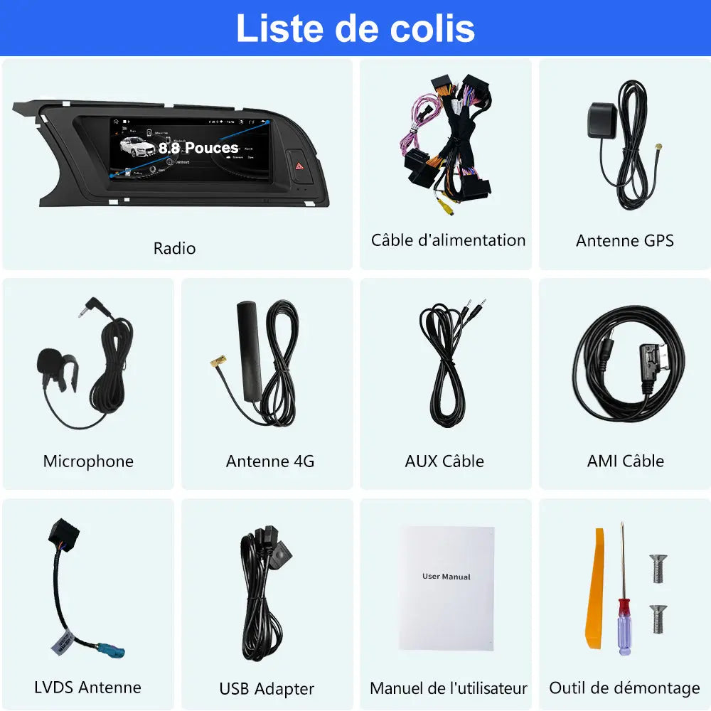 AWESAFE Autoradio 8.8" 4G 4+64GB Android 12, Bluetooth, Android Auto & CarPlay sans fil, pour Audi A4L B8 2009-2016 AWESAFE