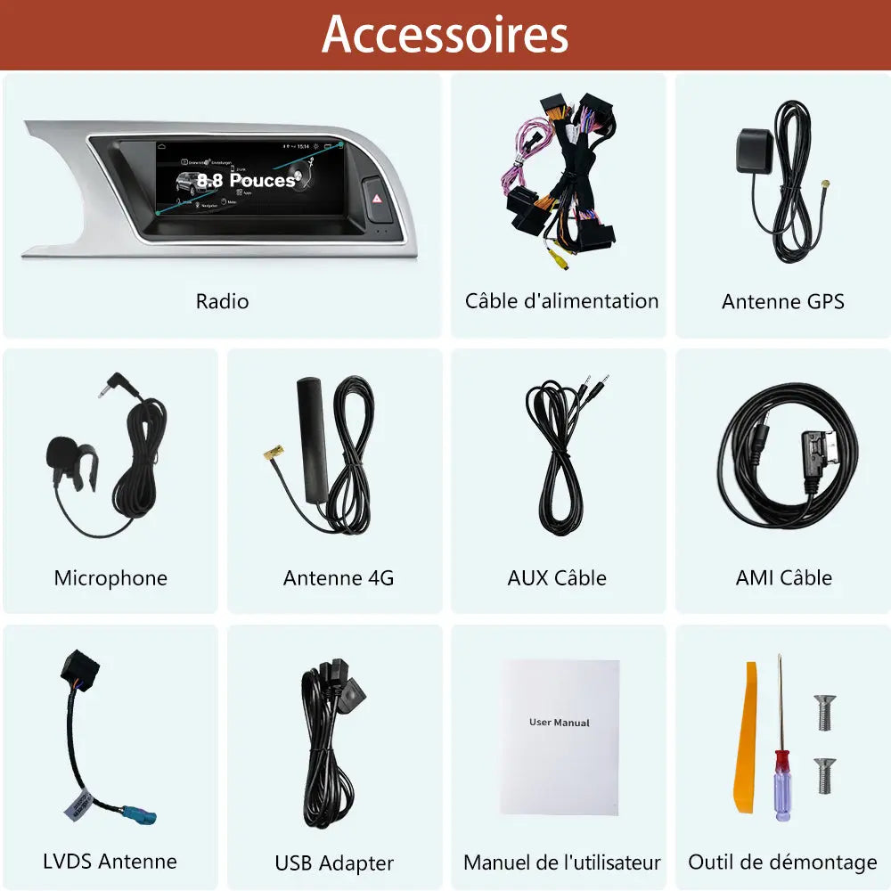 AWESAFE Autoradio 8.8" 4G 4+64GB Android 13, Bluetooth, Android Auto & CarPlay sans fil, Pour Audi A5 2009-2016-Modèles bas de gamme AWESAFE