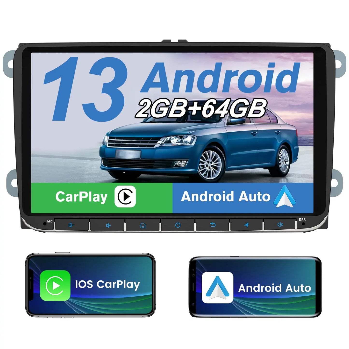 AWESAFE Autoradio 9 Zoll Android 13 für VW Golf Seat Skoda mit GPS Navi /CarPlay&Android Auto/WiFi/Bluetooth Lenkradsteuerung AWESAFE