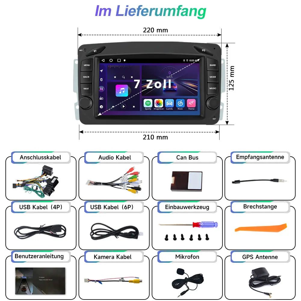 AWESAFE Autoradio Android 12 7 Zoll Touchscreen für Mercedes Benz C-Class W203 CLK W209, 2G+32G, Navigation Carplay Android Auto Bluetooth MirrorLink WiFi Unterstützung AWESAFE