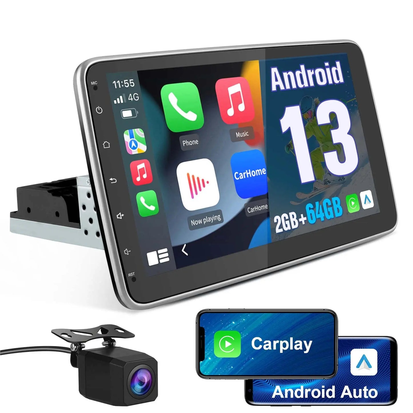 AWESAFE Autoradio Android 13 2+64GB con Schermo Orientabile 10,1 Pollici - Per Auto 1 DIN - FM/Controllo al Volante/DSP/Bluetooth con CarPlay e Android Auto AWESAFE