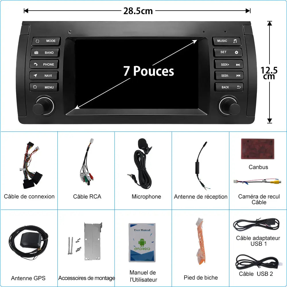 AWESAFE Autoradio Android 13 pour BMW E39 1996-2003, GPS Navigation, 7 Pouces Tactile, 6+128Go, FM RDS, Bluetooth, USB, WIFI, Carplay Android Auto, Aide Stationnement, Commandes Volant AWESAFE