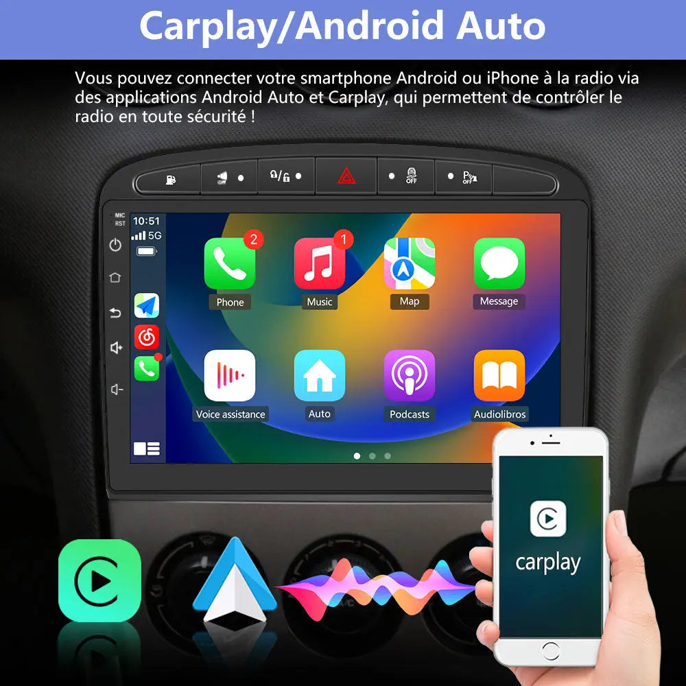 AWESAFE Autoradio Carplay pour Peugeot 308/408(2007-2013),Android 13 Lecteur Radio 9 Pouces Écran Tactile avec GPS Navigation/Android Auto/WiFi/SWC/Bluetooth/Aide au stationnement【2Go+ 32Go】-Noir AWESAFE