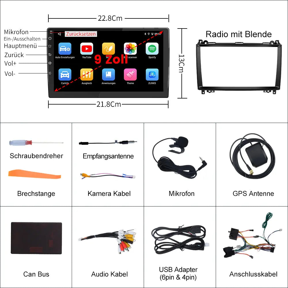 AWESAFE Autoradio für Mercedes Benz A-Klasse W169 B-Klasse W245 Viano Vito W639 Sprinter, Android 12, 2+32G, 9 Zoll Touchscreen, mit Blende, Unterstützt Navigation CarPlay Android Auto Bluetooth WiFi AWESAFE
