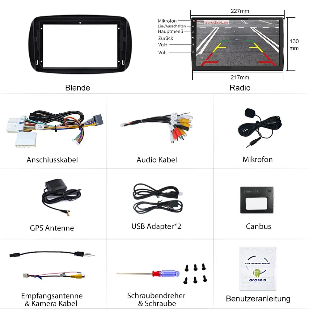 AWESAFE Autoradio für Smart Fortwo 453 2016-2019, Android 12 System, 2G+32G, 9 Zoll Touchscreen, mit Blende, Navigation Carplay Android Auto Bluetooth MirrorLink WiFi Unterstützung AWESAFE