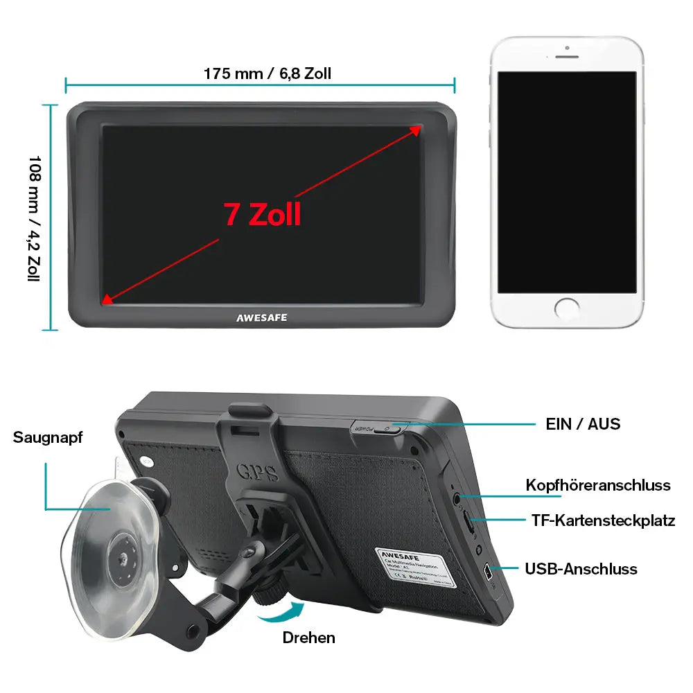 AWESAFE Bluetooth Navigationsgerät für Auto mit Rückfahrkamera, 7 Zoll Touchscreen, 2023 Europa Karten unterstützt lebenslang kostenloses, GPS Navigation für Auto PKW KFZ LKW AWESAFE