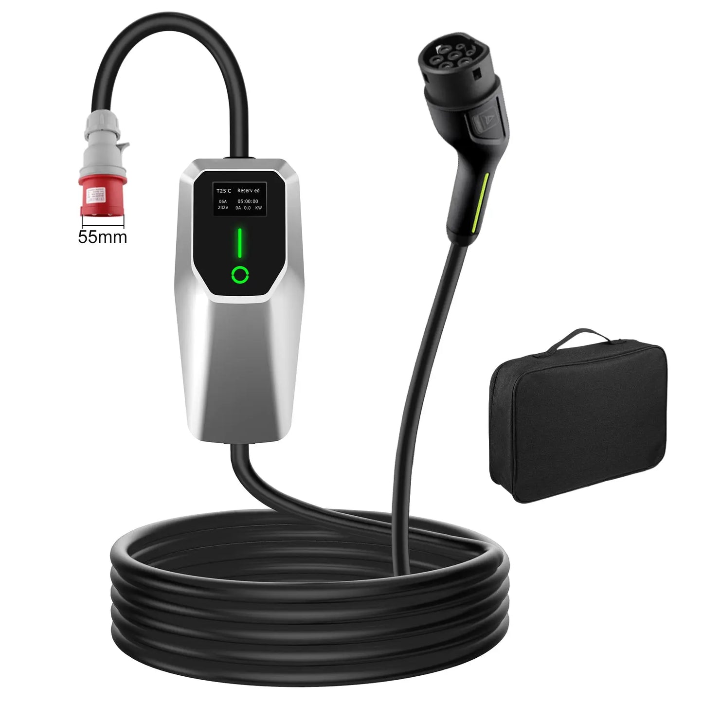 AWESAFE Chargeur Voiture Électrique Type 2 Triphasé 11 kilowatts 8-16 ampères avec Câble 4 mètres, Prise CEE Rouge et Écran Numérique pour Véhicules Électriques AWESAFE