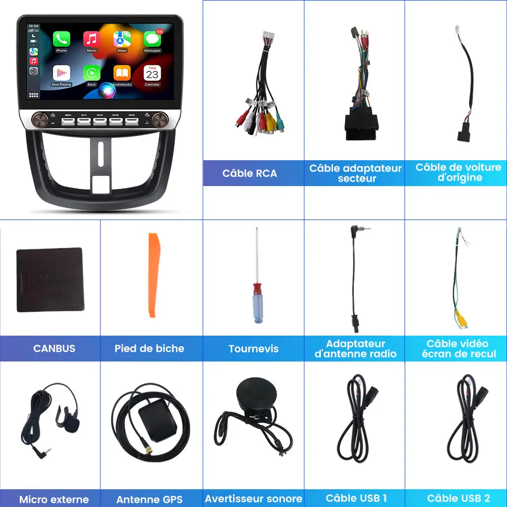 AWESAFE Double Bouton Autoradio Android 13 10,1 pouces tactile 2+64 Go pour Peugeot 207 2006-2015 avec Bluetooth GPS Android Auto et Carplay sans fil AWESAFE