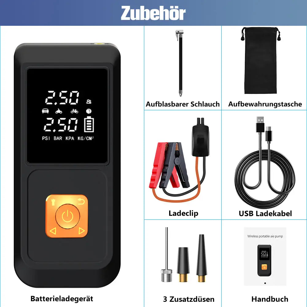 AWESAFE Elektrische Luftpumpe 10000mAh mit kabelloser Starthilfe, Powerbank & Beleuchtung/Warnblinklicht - Für Auto, Fahrrad, Motorrad und Bälle AWESAFE
