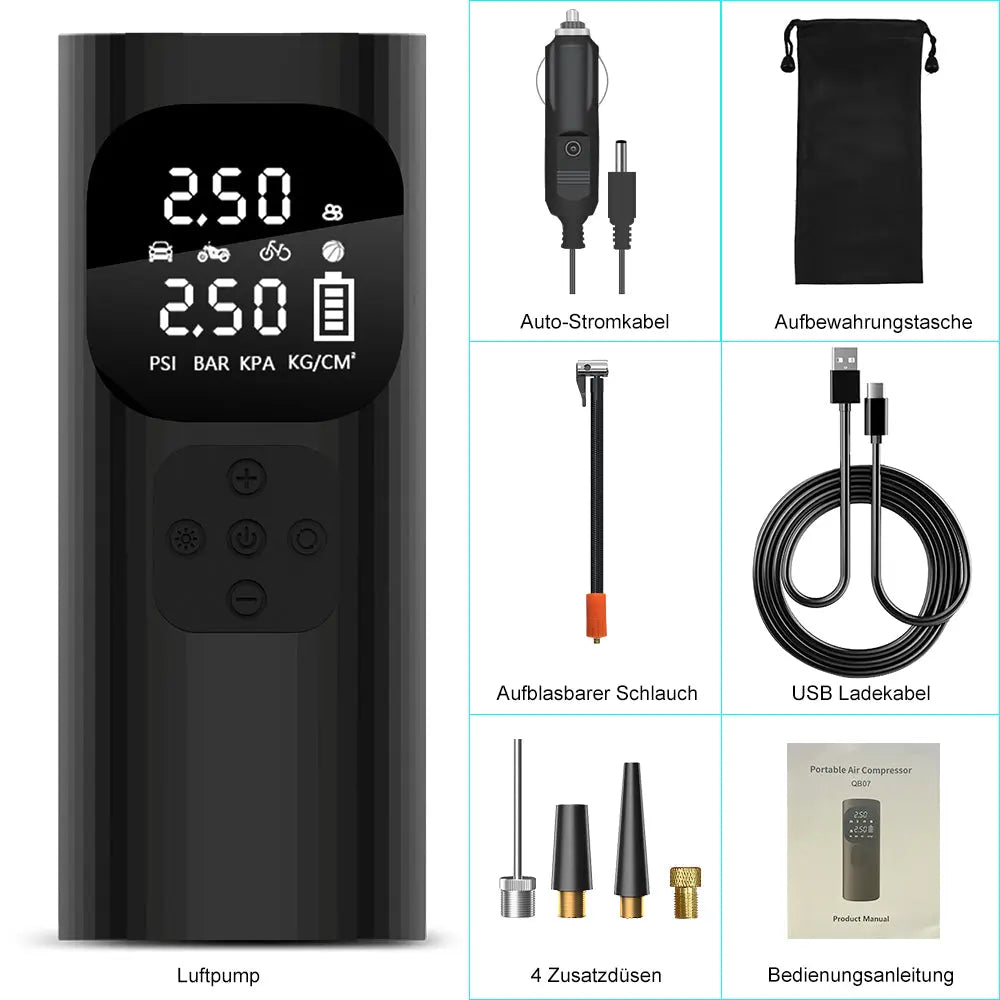 AWESAFE Elektrische Luftpumpe für Auto, Motorrad, Fahrrad & Bälle, Tragbare Powerbank mit LED-Taschenlampe/USB-C-Ladefunktion/Reifendruckmesser AWESAFE SHOP