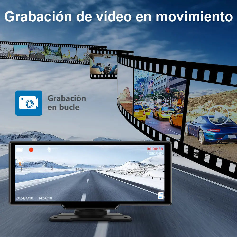 AWESAFE Estéreo Coche 10.26" con Cámaras Duales 4K+1080P, CarPlay Inalámbrico/Enlace Espejo/AUX + Base/Ventosa - Grabación en Pantalla Dividida AWESAFE