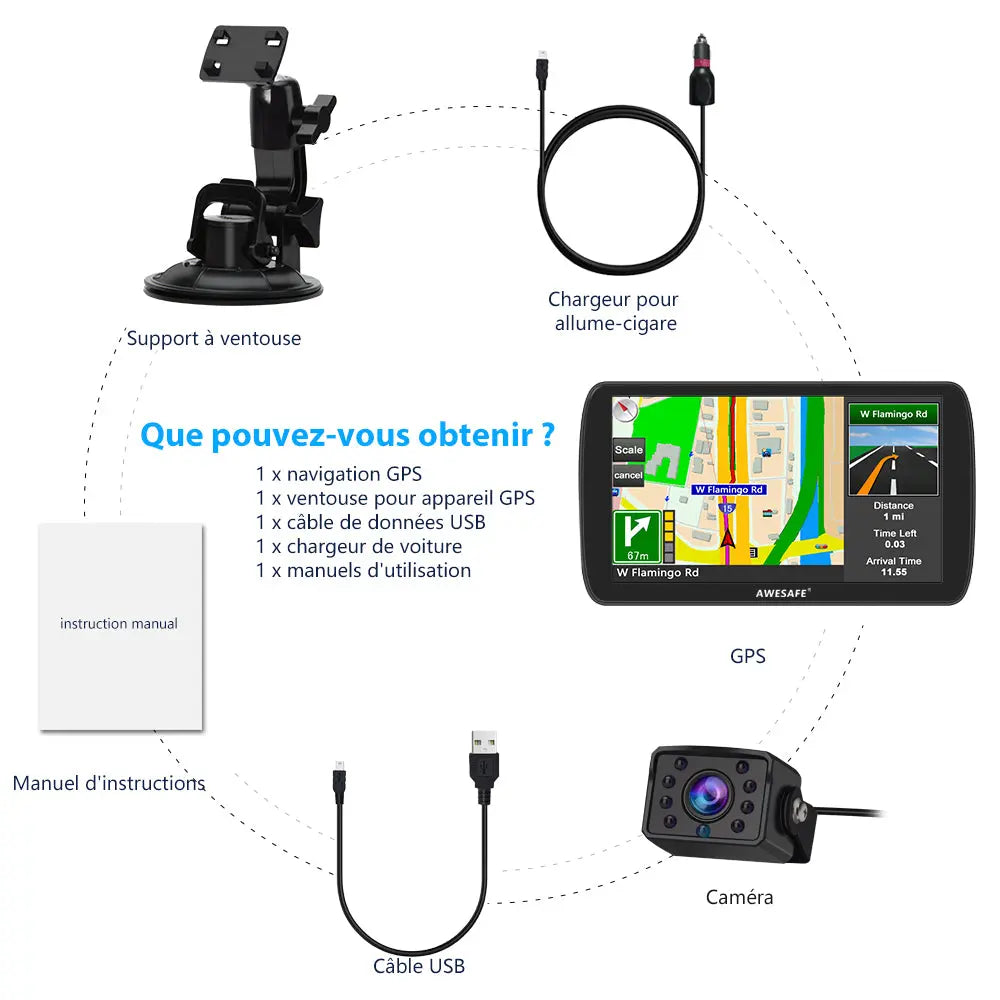 AWESAFE GPS Poids Lourds GPS Voiture 9 Pouce Écran Tactile 52 cartographie Nationale Mises à Jour gratuites Chaque année (9 Pouces + Carte + Bluetooth) (GPS+caméra) AWESAFE