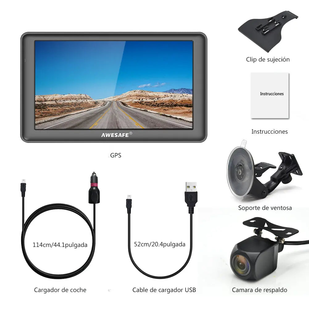 AWESAFE GPS para Coches con 7 Pulgadas Pantalla LCD con Bluetooth y Cámara Trasera, Navegador GPS para Camión con Actualizaciones de Mapas para Toda la Vida AWESAFE