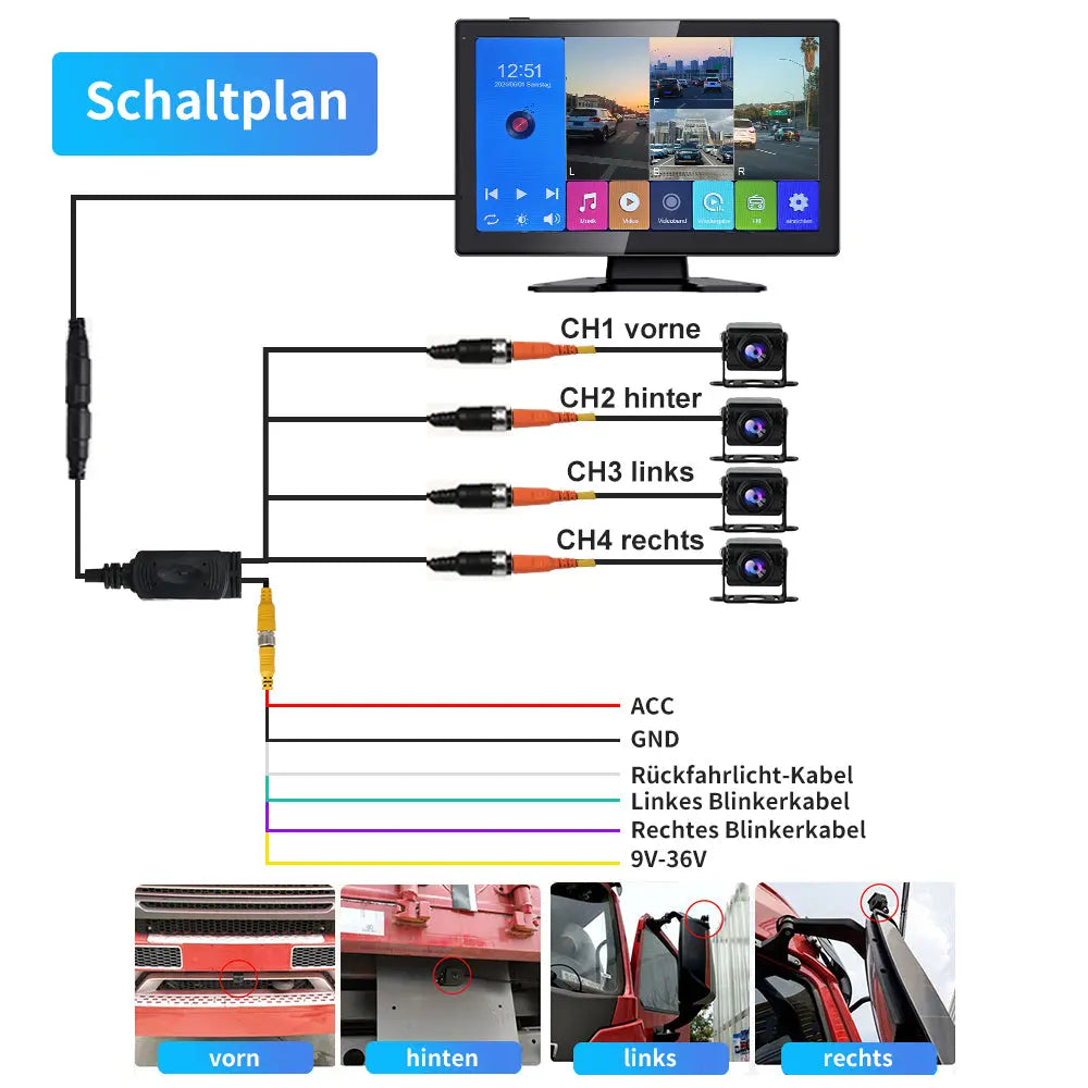 AWESAFE Kabelloses Rückfahrkamera-System mit 4 Kameras 10,1 Zoll Monitor für große Fahrzeuge, SD-Karte, Bildzoom, Loop-Video, 4-Kanal-Display AWESAFE SHOP