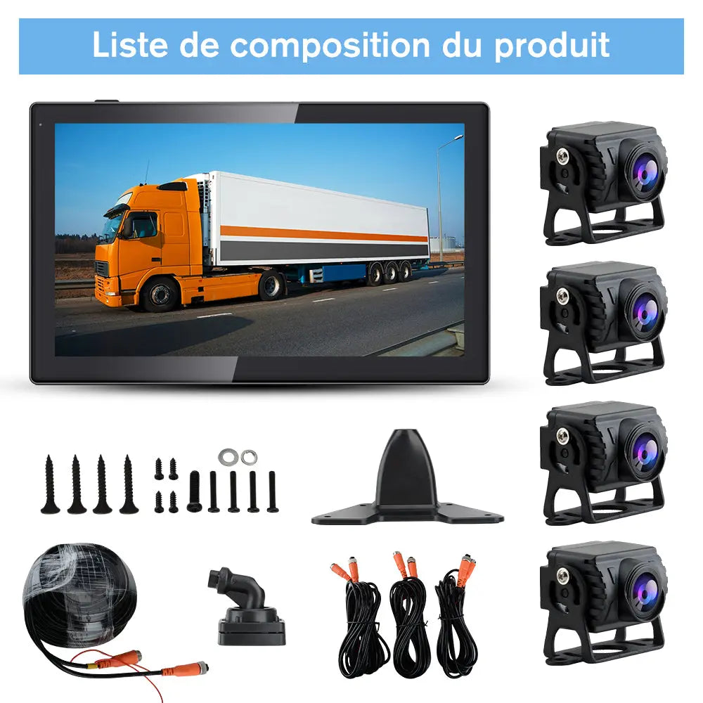 AWESAFE Kit 4 Caméras Recul Sans Fil - Moniteur 10,1 pouces avec Zoom, Boucle Vidéo, 4 Canaux, Carte SD - pour Véhicules Longs AWESAFE