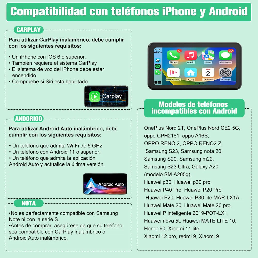 AWESAFE Motocicleta de 6,25 Pulgadas CarPlay, navegador GPS, portátil inalámbrico Apple CarPlay y Android Auto, IPx8 Impermeable antirrobo, Soporte para Siri/Google Assistant. AWESAFE SHOP