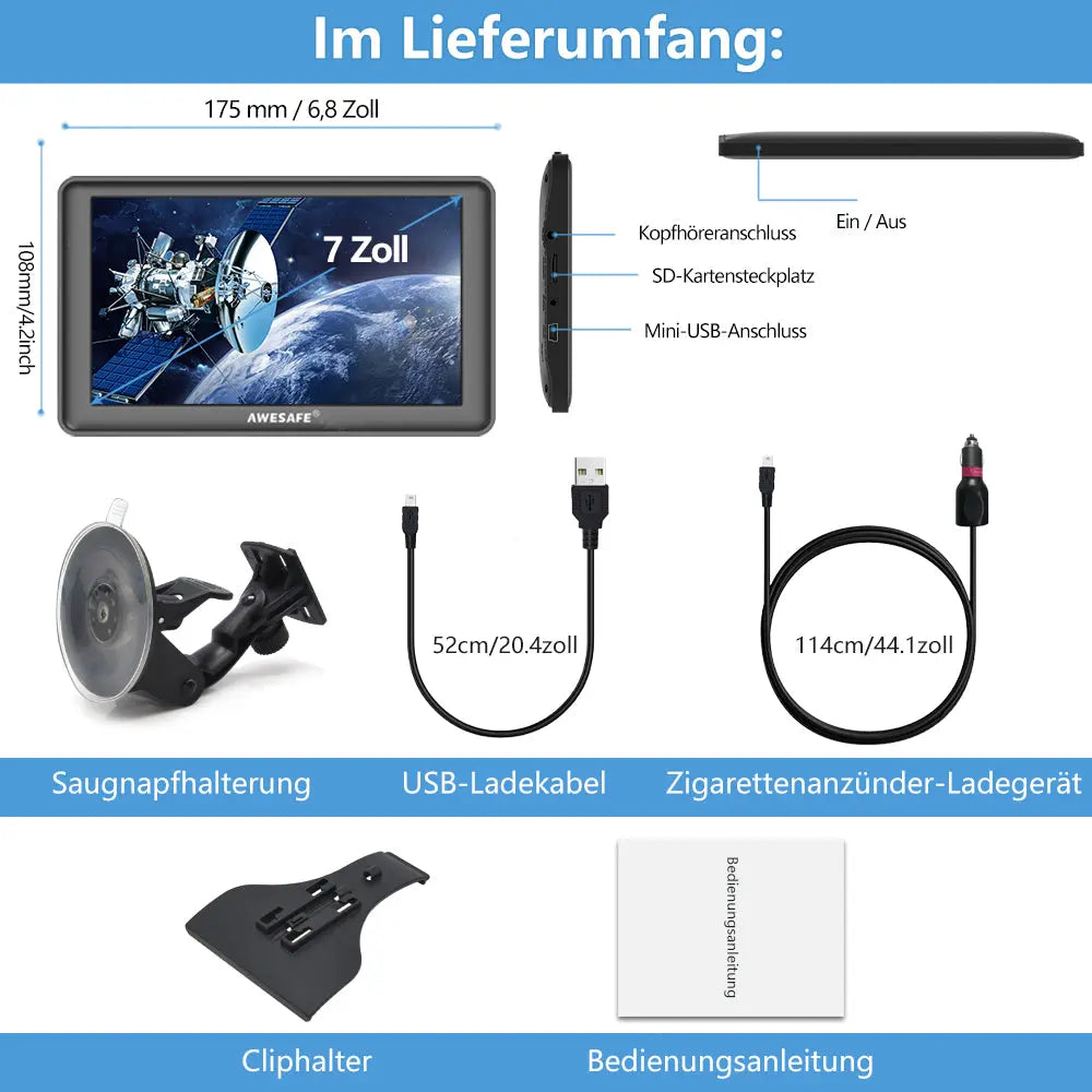 AWESAFE Navigationsgeräte für Auto PKW KFZ LKW Navi 2023 Europa Karten unterstützt lebenslang kostenloses Kartenupdate 7 Zoll GPS Navigation AWESAFE