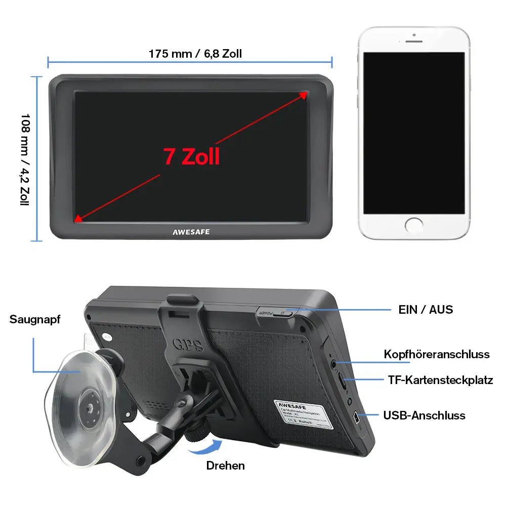 AWESAFE Pkw Navi 7 Zoll Touchscreen Bluetooth reversibel integrierte Installation Europa Karten 2025 jährliche kostenlose Updates AWESAFE SHOP
