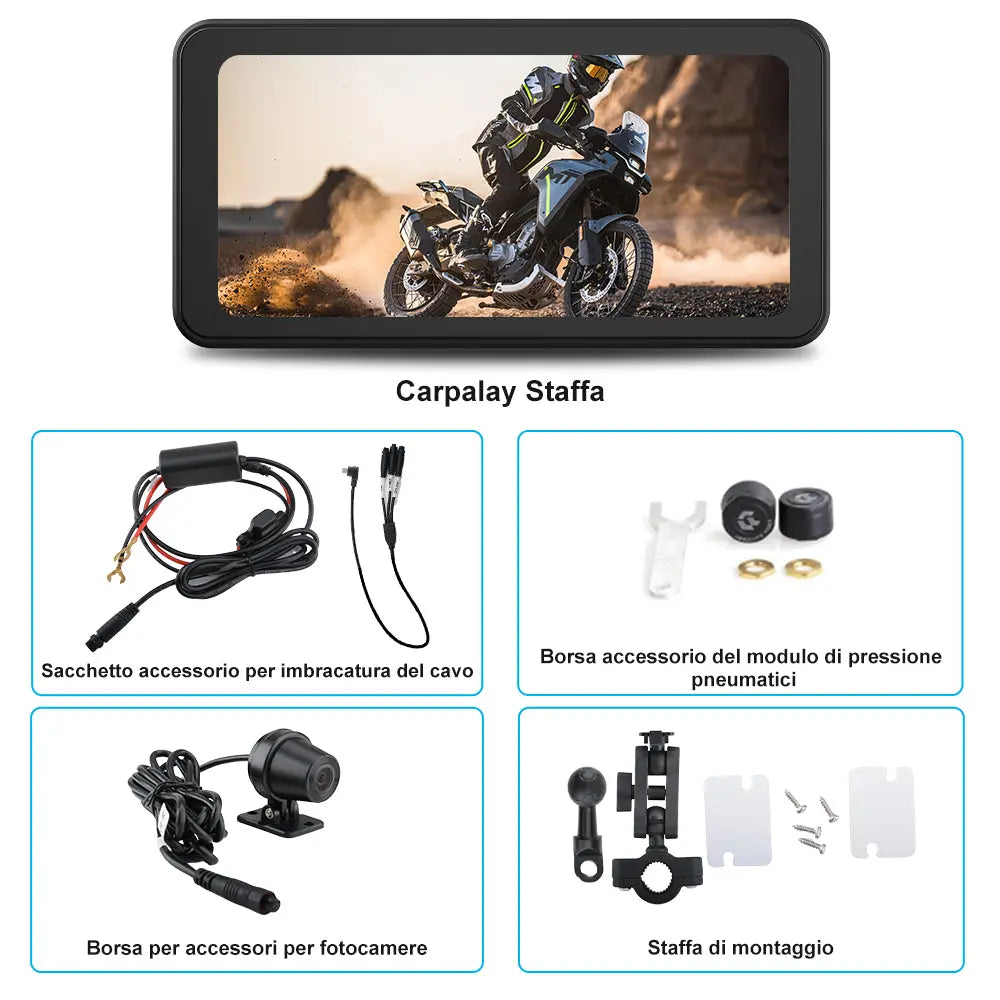 AWESAFE Schermo Carplay Per Moto Senza Fili Touchscreen Navigatore GPS da 6.25 pollici IPX8 con scheda SD Dashcam 2K Android Auto adatto a tutti i tipi di motociclette AWESAFE