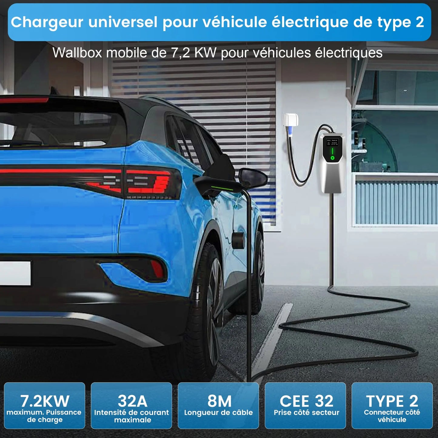 AWESAFE Tragbares EV-Ladeger (240V,32A)for véhicule électrique de type 2Wallbox mobile de pour véhicules électriques Degré d'étanchéité lP65 AWESAFE