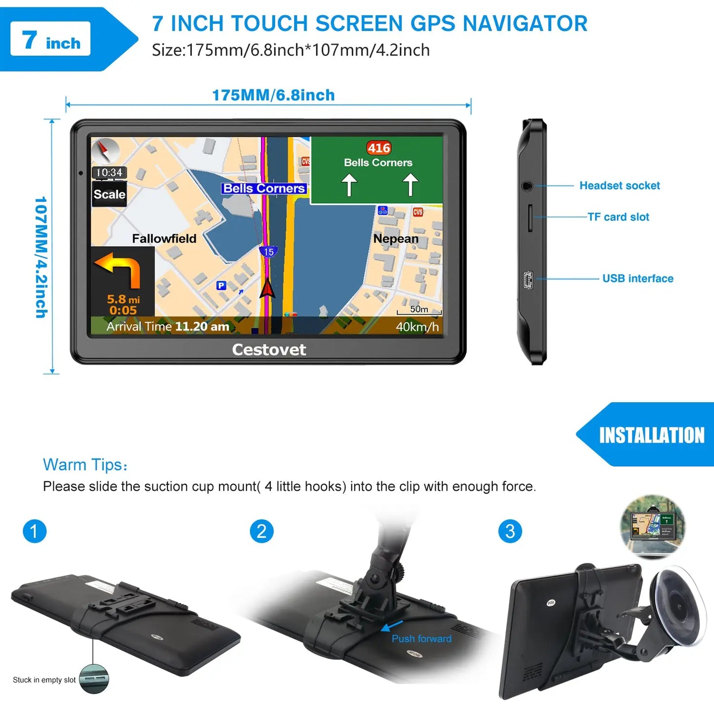 Cestovet GPS Navigation 7 Inch High-Definition Touch Screen with Bluetooth/ FM /Speed Alerts/ Lifetime North America Maps for DC 12V&24V Car Truck RV AWESAFE SHOP