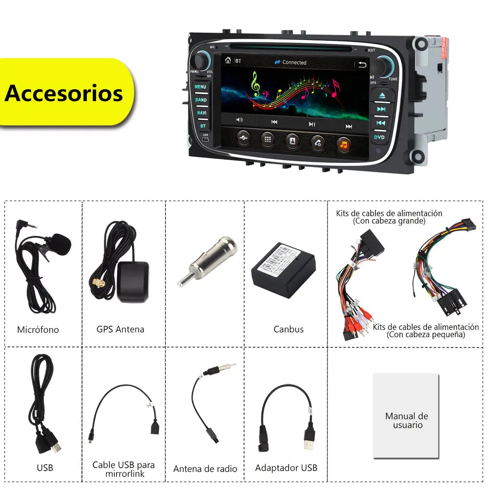 AWESAFE Radio Coche 7 Pulgadas para Ford con Pantalla Táctil 2 DIN, Autoradio de Ford con Bluetooth/GPS/FM/RDS/CD DVD/USB/SD, Admite Mandos Volante, Mirrorlink y Aparcamiento (Negra) AWESAFE