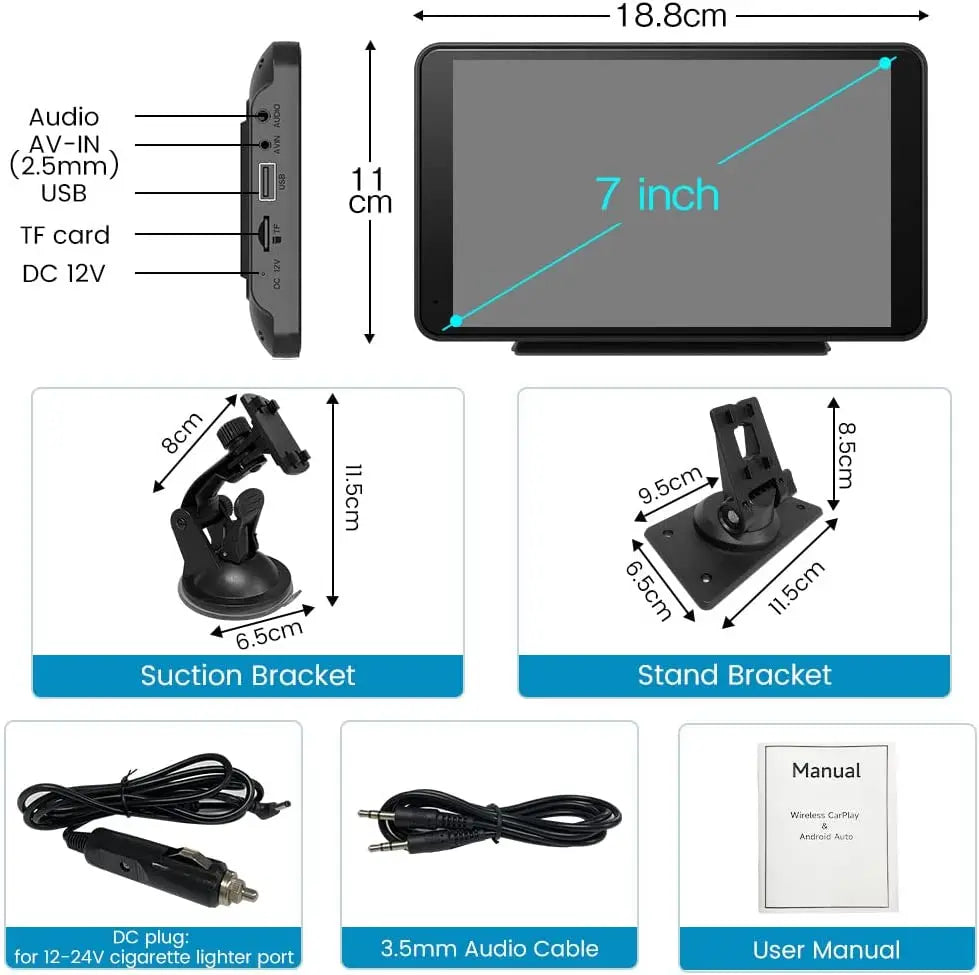 AWESAFE Wireless Carplay Android Auto, Portable Car Stereo 7 Inch Full HD Touch Screen Car Audio AWESAFE
