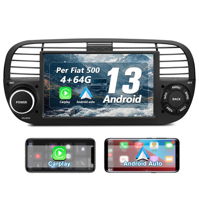 AWESAFE Autoradio Android 13 4+64GB con Schermo Touchscreen 7 Pollici - Per Fiat 500 2007-2015 - Bluetooth, Navigazione GPS, CarPlay e Android Auto AWESAFE