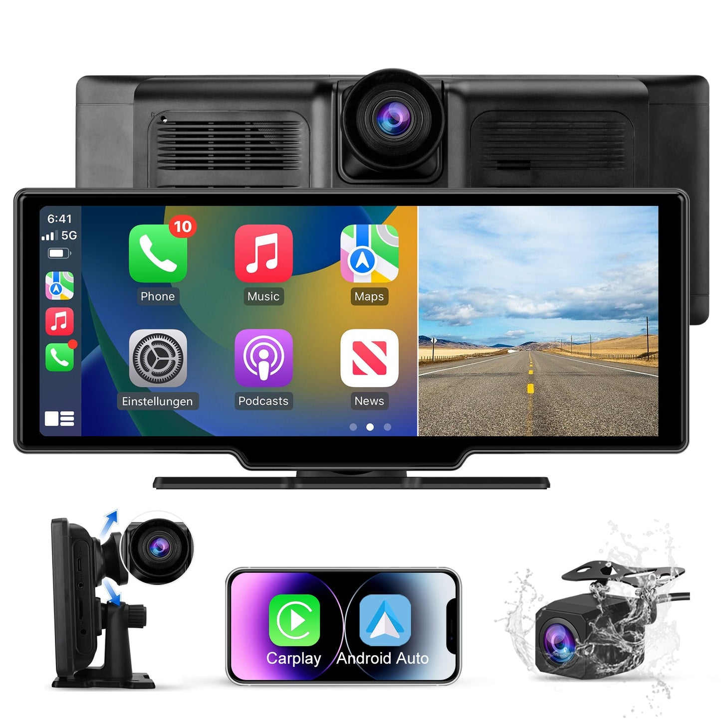AWESAFE Autoradio Sans Fil Avec CarPlay/Android Auto, écran 10,26", Dashcam 4K Avant & 1080P Arrière, GPS, Bluetooth, FM, Assistant Vocal, Mirror Link AWESAFE