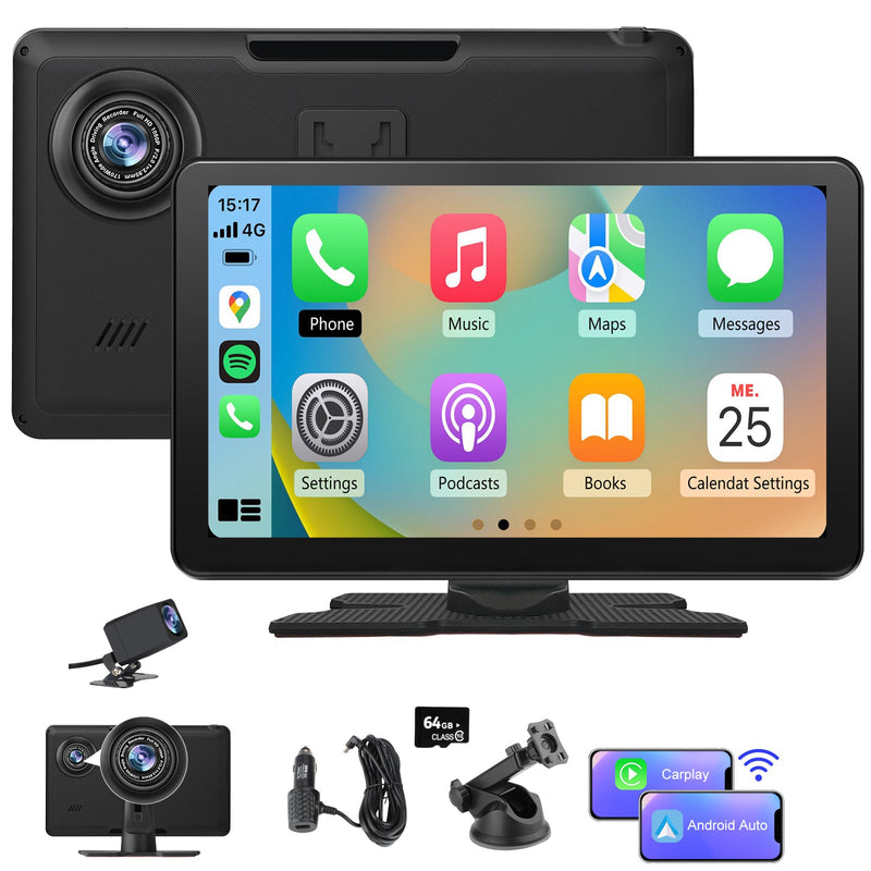 AWESAFE Écran Portable 9'' pour Sans Fil CarPlay & Android Auto, Affichage Dividida IPS Pantalla , Support Modes Portrait et Paysage,Dashcam 4K & 1080p Caméra de Recul, Bluetooth, Contrôle Vocal, Navigat, Carte SD 64GB AWESAFE