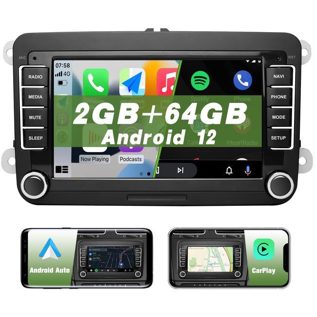 AWESAFE 2GB+64GB Radio Android 12.0 para Coche con Pantalla Bluetooth 2 DIN para VW, Autoradio 7'' con CarPlay/Android Auto para VW, Admite WiFi/GPS/RDS/USB/FM/Mandos del Volante y Cámara Trasera AWESAFE